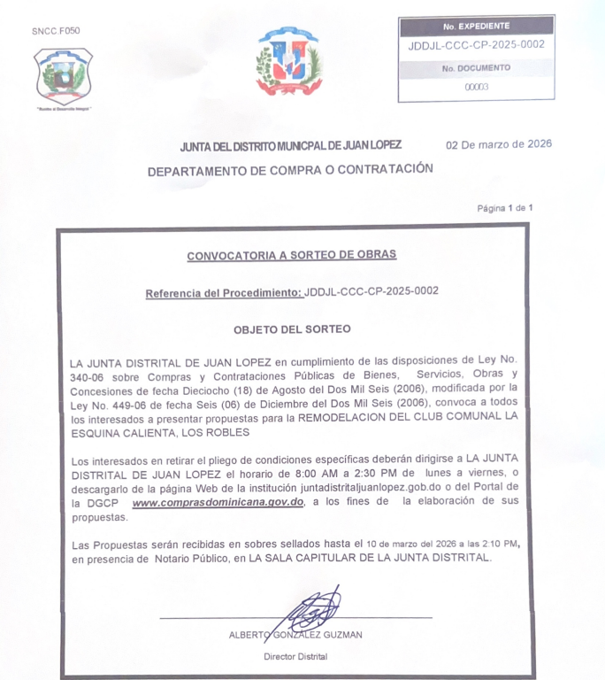 CONVOCATORIA A SORTEO DE OBRA MEDIANTE COMPARACIÓN DE PRECIOS